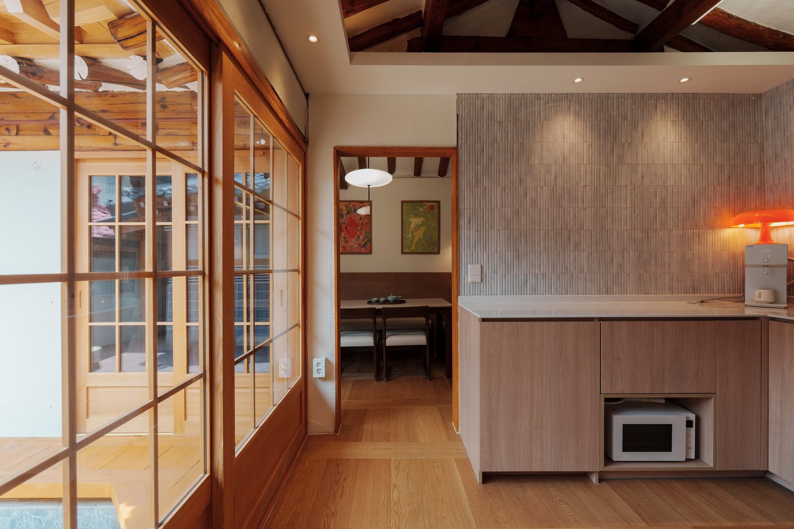 Kitchen seen through lattice doors